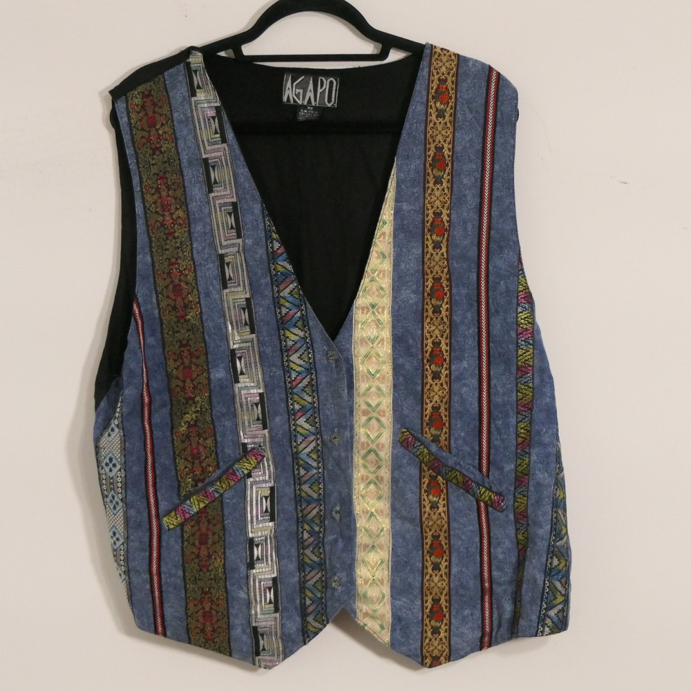 Agapo Womens Vest 2X Blue Multi-Color Boho Eclectic Art to‎ Wear Festival Hippie